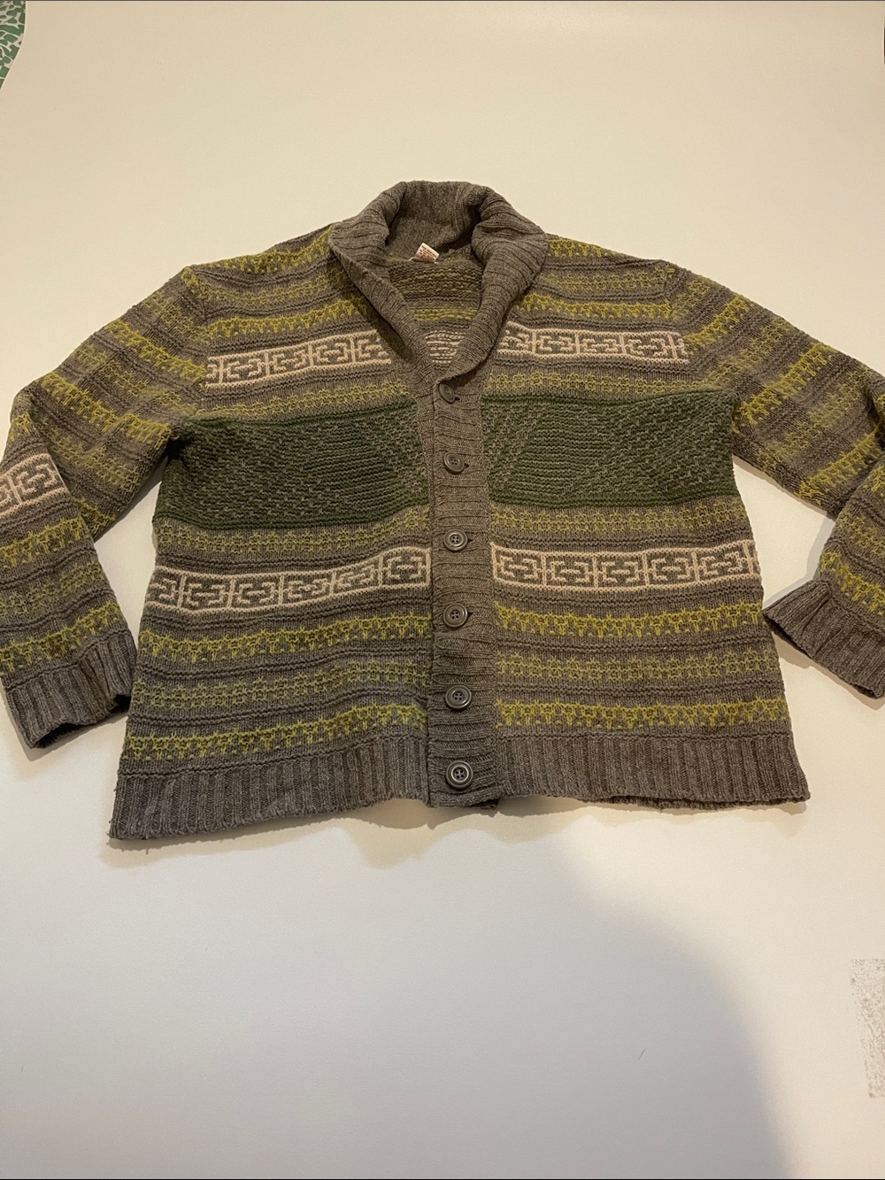 Sundance Shawl Collar Knit Cardigan 100% Lambswool in Gray and Olive
